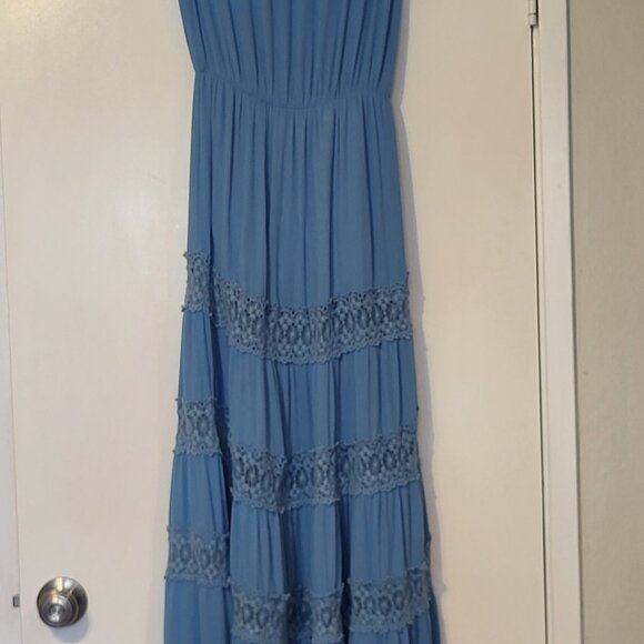 Y2K Moda International Strapless Lace Blue Gauze Dress with Lining Size S BOHO - Picture 3 of 5